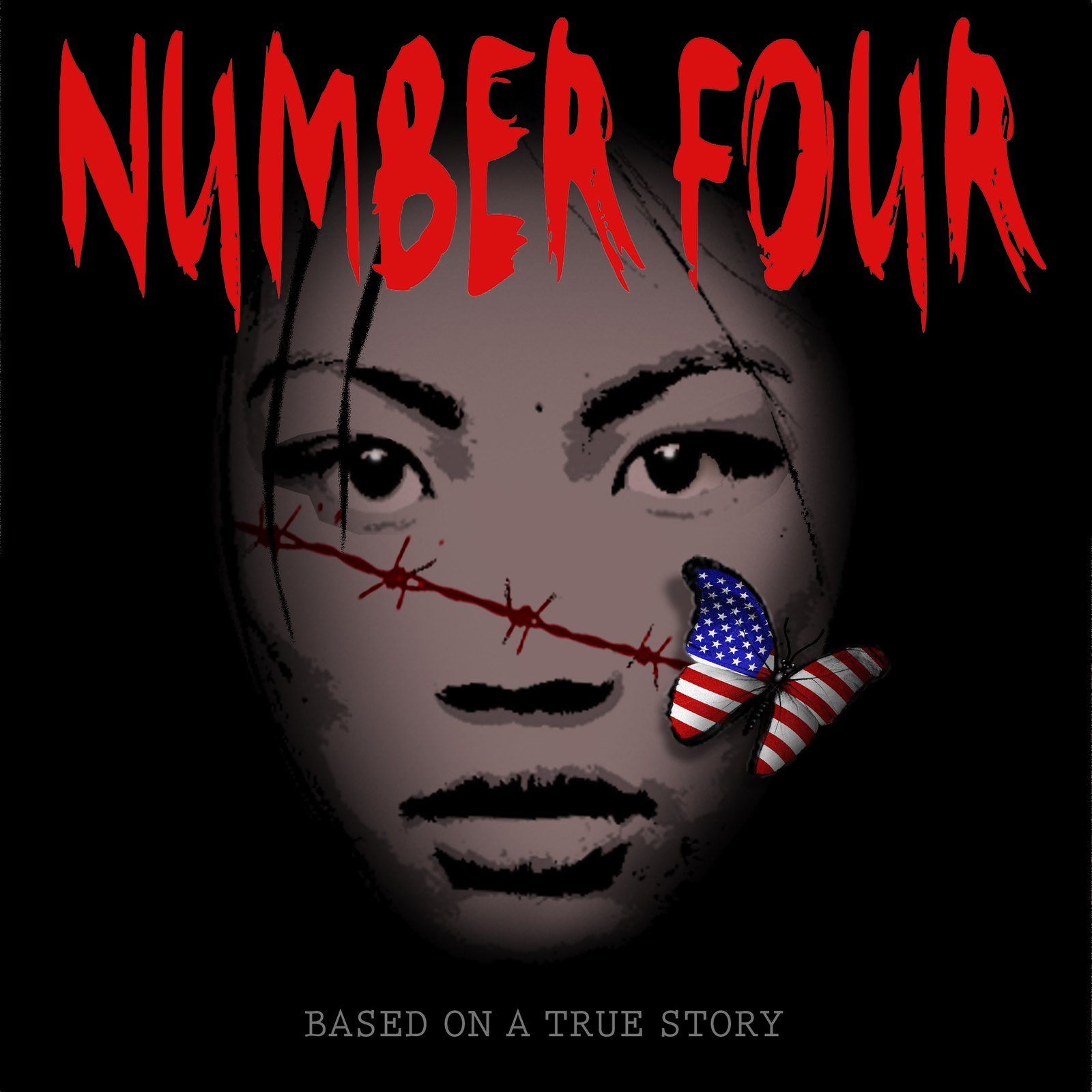 Number Four screenplay poster with a woman's portrait and red lettering