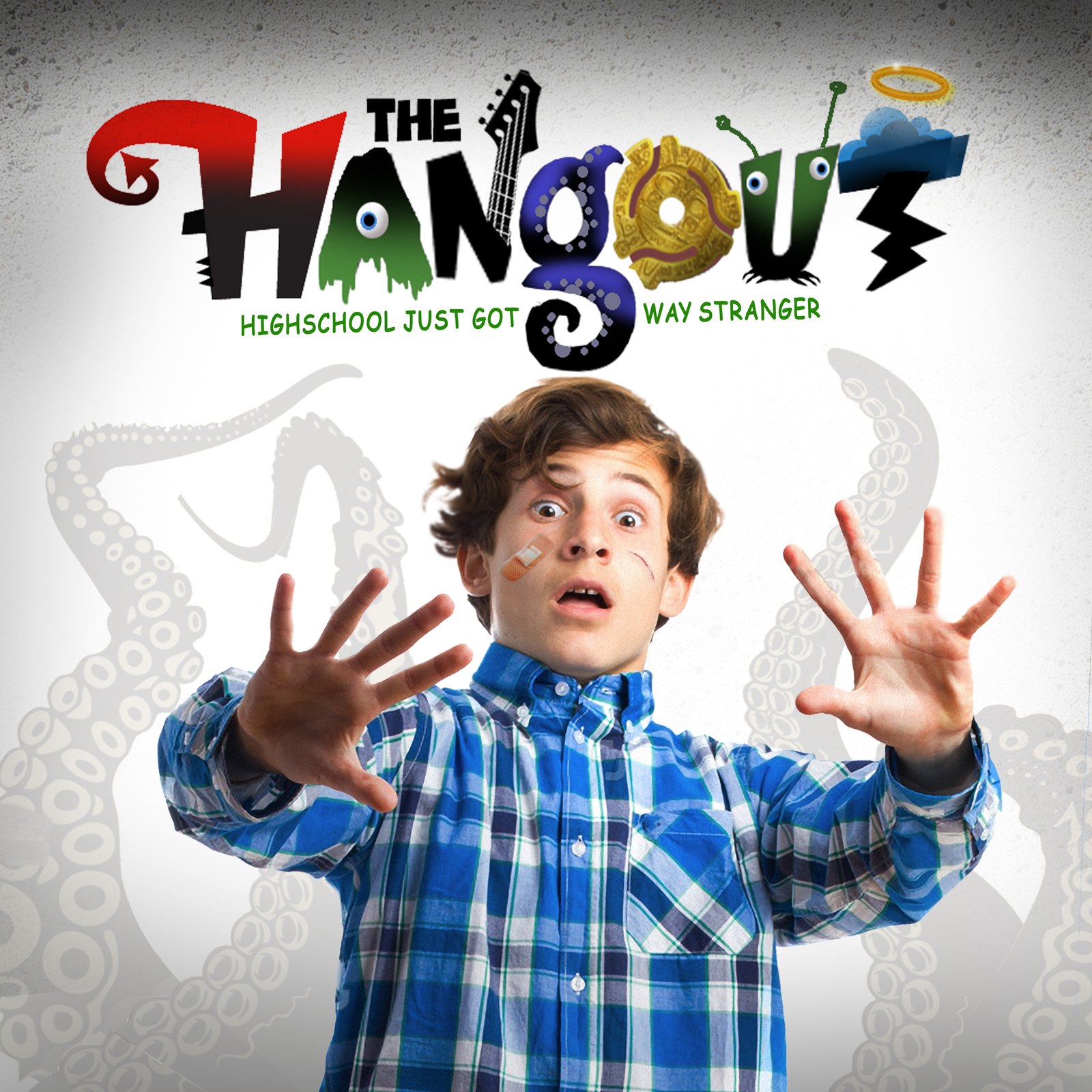 The Hangout screenplay poster with a surprised boy in a blue shirt